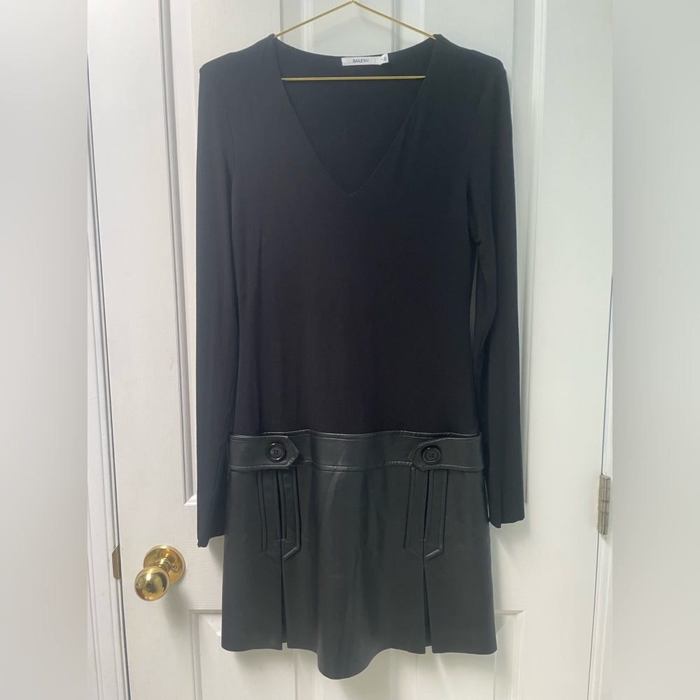 S Bailey 44 Black Long-Sleeve V-Neck Dress with Faux Leather Skirt